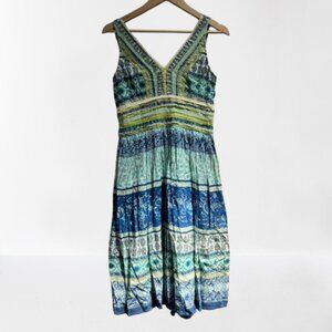Chaudry Ruched‎ Boho Cottage Colorful Casual Blue Green Dress Lined New Small